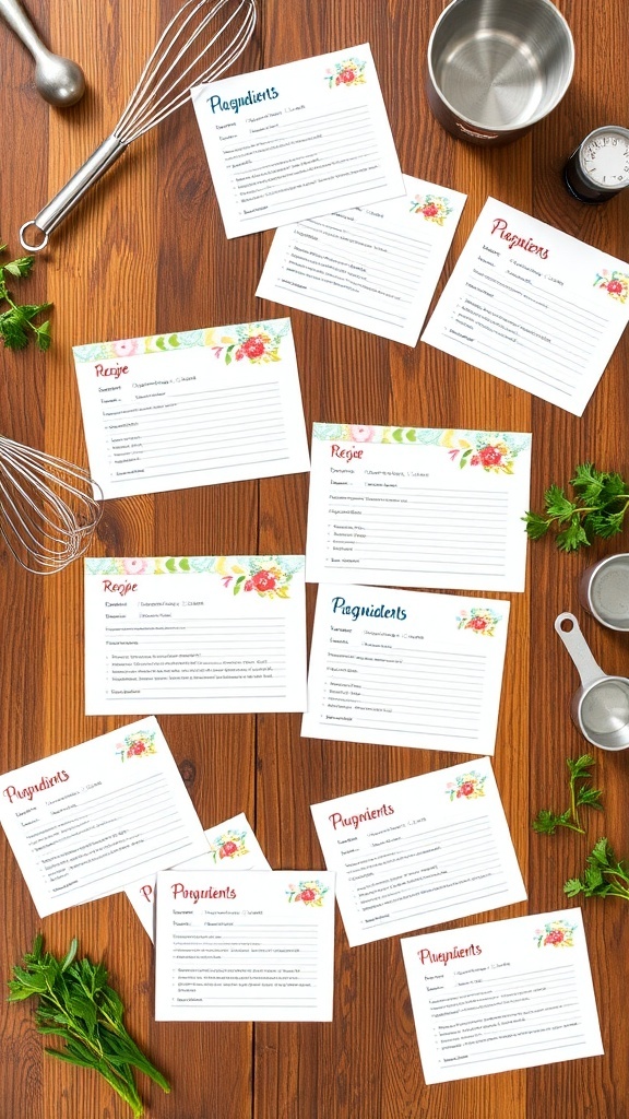 A set of printable recipe cards with colorful designs on a kitchen table, accompanied by cooking utensils.